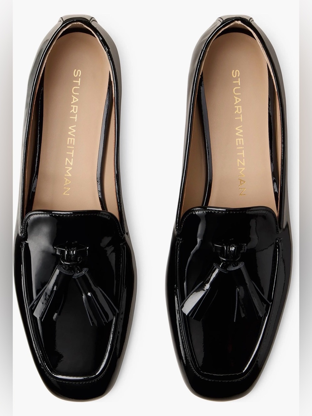 Stuart Weitzman Manila Black Patent Leather Tassel Loafers Made in Spain